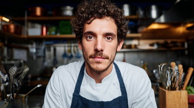 Man in kitchen with beard, mustache, tattoo, chef uniform. - Powered by Adobe