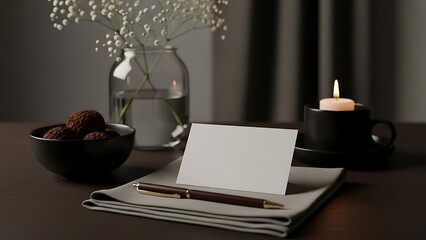 Elegant Stationery Still Life: An intimate still life scene unfolds with a blank card, ready for a personal touch, next to a pen, all arranged with a candle's warm glow and soft blossoms