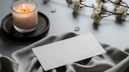 Elegant still life with a burning candle, blank card, and white flowers on a draped grey silk.