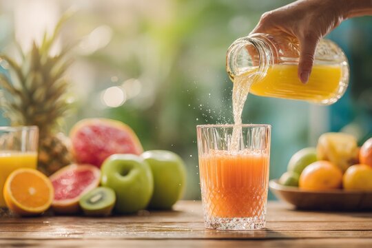 A refreshing blend of freshly squeezed fruit juice is poured into a sparkling textured glass, creating dynamic splashes and effervescence. A vibrant assortment of healthy, colorful fruits, including v