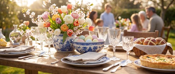 Family gathering at a table with food and flowers in the garden