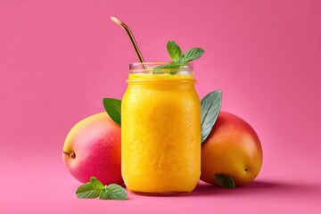 A vibrant, golden-yellow tropical smoothie, crafted from ripe mangoes, is elegantly presented in a clear glass jar, topped with fresh green mint leaves and a sleek reusable straw. Two whole, colorful 