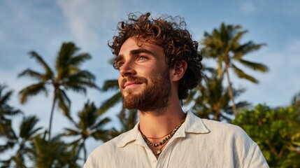 Man at beach, smiling, wearing white shirt and necklace.