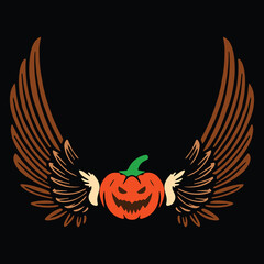 Vector illustration of an orange Halloween pumpkin with bats, leaves, and fall autumn harvest decorations