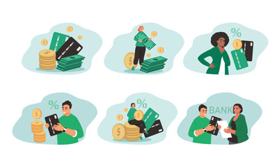 vector illustration in a flat style - a set of pictures on the theme of banks, money, savings, deposits