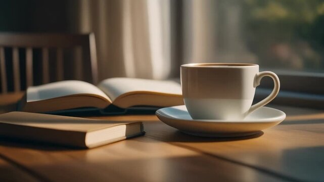 Close-up cinematic shot of sunlight through a window hitting a cup of coffee and open book