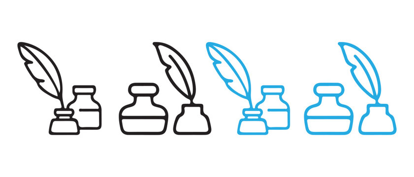 Feather quill pen and inkwell icons set for writing and history.