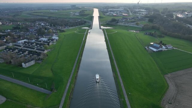 Aerial zoom in revealing a boat moving through the elevated canal in Str&eacute;py-Thieu, Le Roeulx during golden hour