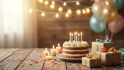 A beautifully arranged birthday celebration setup glows with warmth and festivity. A delightful layered cake, adorned with vibrant lit candles and delicate meringue frosting, takes center stage on a r