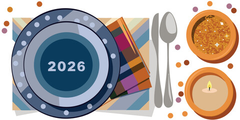 Obraz premium Festive new year 2026 dinner table setting with plate candle and dessert bowl