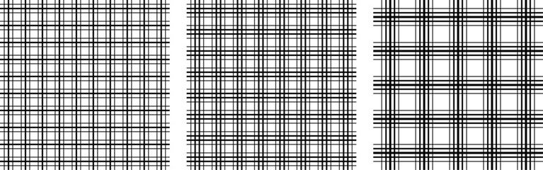 Minimal set of black line plaid grid seamless patterns. Clean geometric textures for prints, textiles, packaging, wallpapers, branding, and modern design projects.