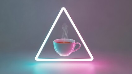 Vibrant neon triangle framing steaming beverage cup with reflective glow