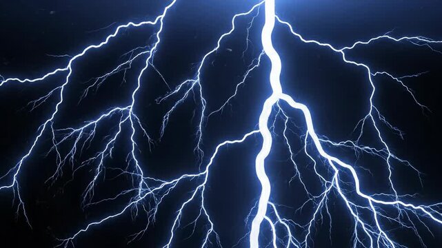 Lightning Strikes in Night Sky. Set of 4 Videos. Realistic Thunderbolts Blue Color Illustrations Isolated on Black Background. Electrical Storm Overlay Elements and Effects Looped 3d Animation 4k