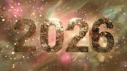 Sparkling golden numerals represent the upcoming year two thousand twenty six amidst an explosion of light