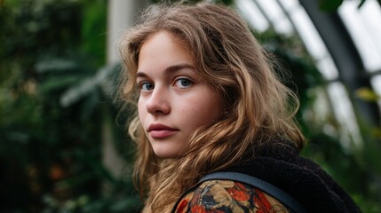 Woman posing outdoors in a greenhouse or forest setting.