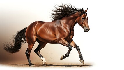 Obraz premium Brown Arabian Horse Running in Dusty Arena on White Background