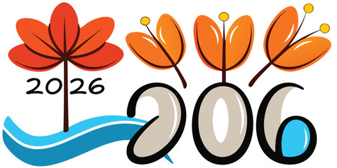Stylized 2026 design with autumn leaves and water accents for seasonal themes