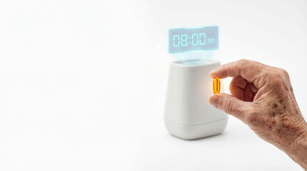 Senior hand holding amber capsule with smart holographic pill dispenser background.
