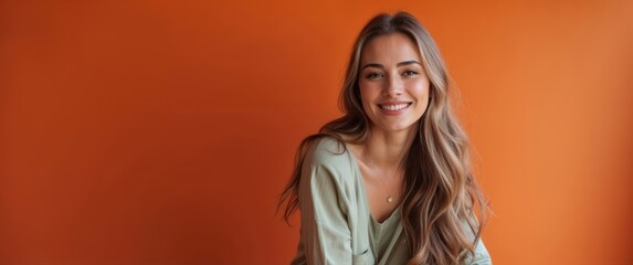 Young woman smiling in front of vibrant orange background