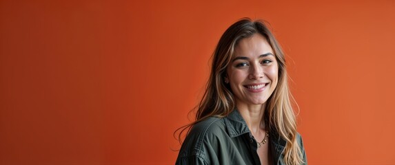 Young woman smiling in front of vibrant orange background