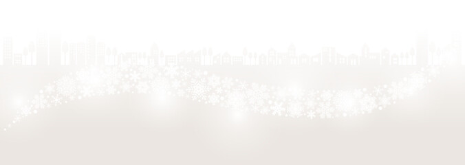 幻想的な冬の街並みイラスト　波のような雪の結晶とイルミネーション