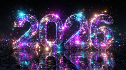 Sparkling numerals representing the year twenty twenty six illuminate a dark reflective surface