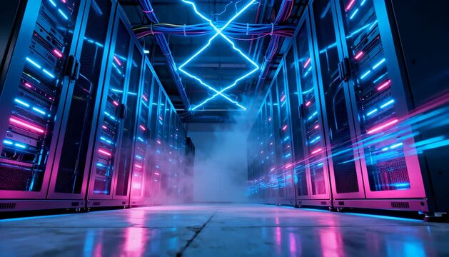 Illuminated data center server racks with neon blue lightning and pink data streams animation, electricity.
