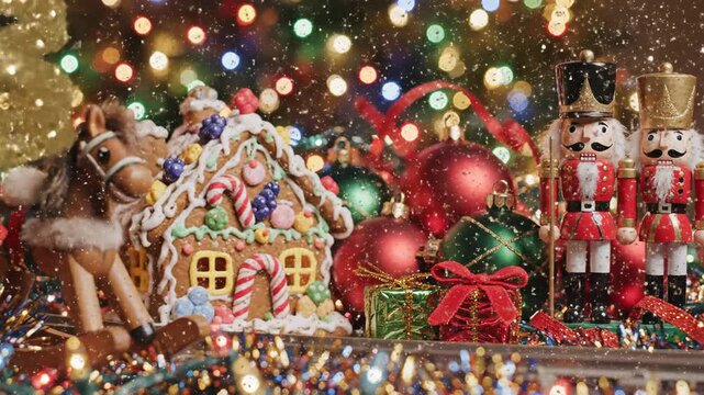 Festive holiday toys displayed with decorative lights