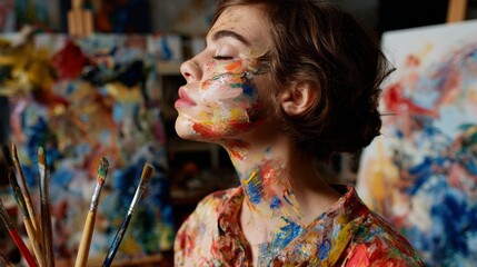 Woman artist painting in studio.