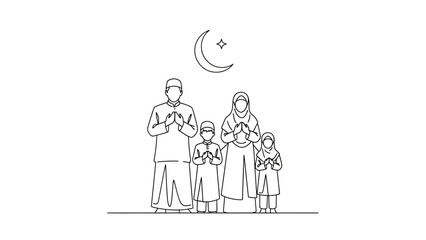 Muslim family praying together with crescent moon and star symbol.