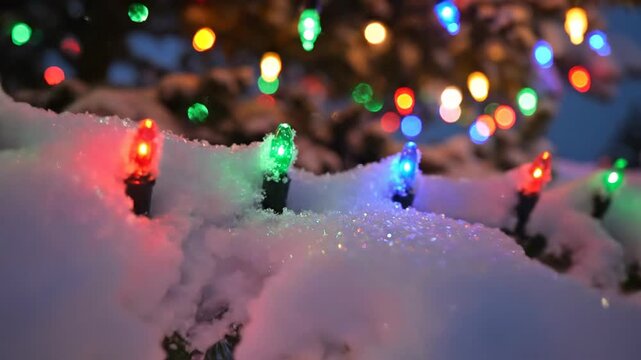 Snow covered pine tree with festive string lights evening winter scenery