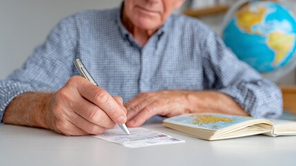Old man signing paper at desk with globe and book.