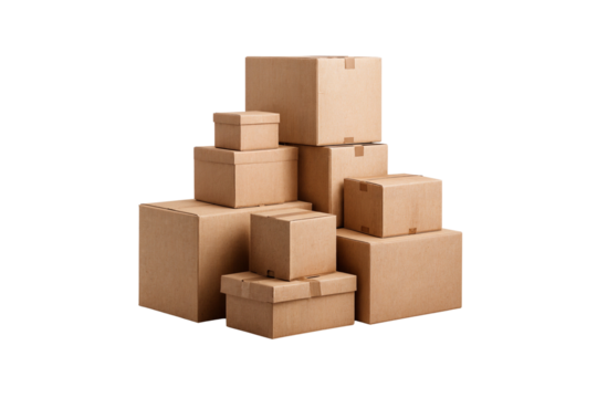 Stack of cardboard boxes isolated on transparent background, png. Ideal for shipping, moving, delivery, and storage concepts - Powered by Adobe