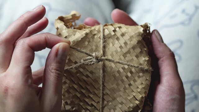 Woman unwraps a gift while sitting indoors