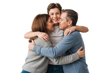 Happy family of mother, father, and teenage son sharing a warm, and hugging each other, isolated on transparent background, png