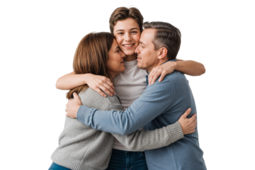 Happy family of mother, father, and teenage son sharing a warm, and hugging each other, isolated on transparent background, png