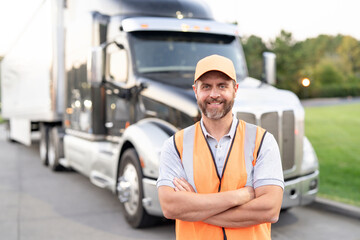 Job truck driver. ruck driver standing near large semi-truck trailer. Truck lorry for cargo shipping and delivery business. Truck worker concept. Cargo trailer with driver. Male trucker worker.