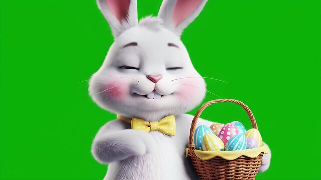 Joyful Easter bunny illustration holding a basket of colorful eggs, celebrating the spring holiday season with a cheerful smile