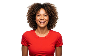 Fototapeta premium Joyful portrait of a beautiful young African American woman with natural curly hair, smiling widely in a red t-shirt, isolated on transparent background