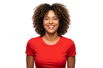 Joyful portrait of a beautiful young African American woman with natural curly hair, smiling widely in a red t-shirt, isolated on transparent background