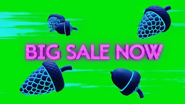 Dynamic digital advertisement announcing a big shopping event, featuring stylized, illuminated acorns and vibrant sale text on a bright green canvas