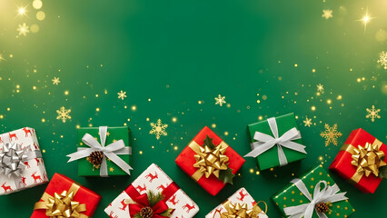 Merry Christmas holiday card background with gift boxes, winter snow, festive ribbons, and tree decoration vectors