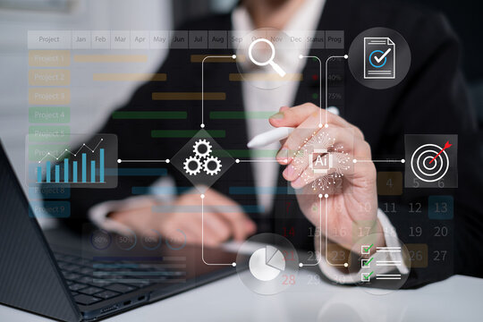 Professional entrepreneur businessman using ai artificial intelligence improve business workflow flowchart diagram system algorithm project management planning strategy data analysis laptop streamline - Powered by Adobe