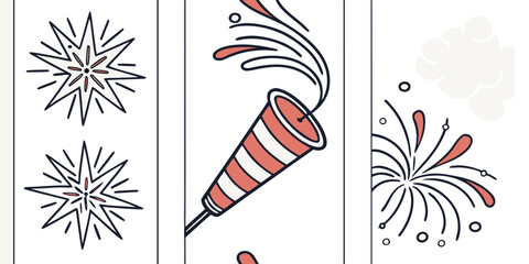 Festive celebration with fireworks and party popper in a minimalist design style