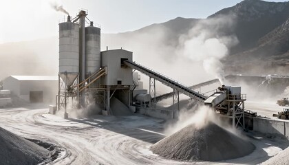 Industrial quarry plant processing aggregates with dust and machinery, material production landscape.