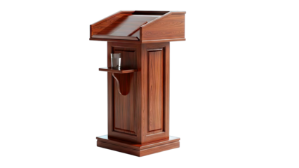 Wooden Podium with Glass of Water on White Background