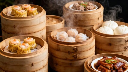 Steaming dim sum baskets filled with delicious chinese dumplings and food