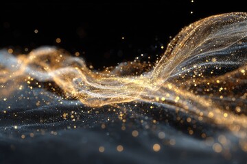 Abstract gold and silver particles flowing across a dark background