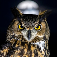 Obraz premium A close-up portrait of an owl with intense yellow eyes, moonlit background at night