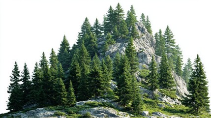 Fototapeta premium Snowy mountain peak surrounded by lush pine trees, isolated on white background, detailed nature landscape illustration, png for creative design and digital artwork